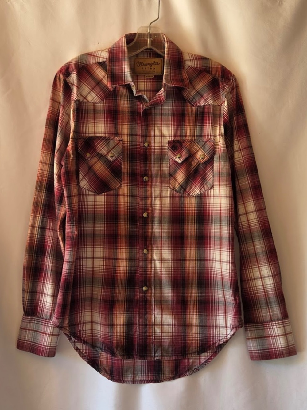 Wrangler Retro Classic Western Snap Shirt Maroon Black White Plaid Men's Size S